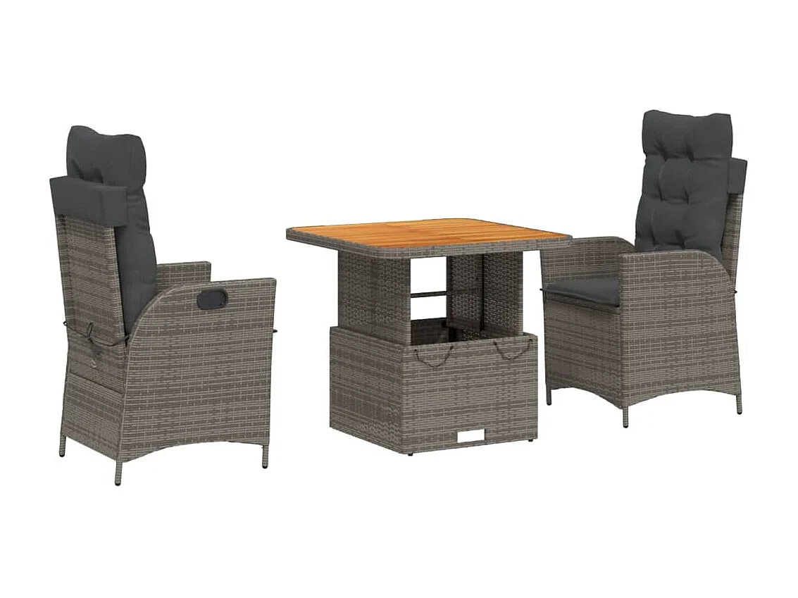 3 pcs conjunto de jantar p/ jardim c/ almofadões vime PE cinza