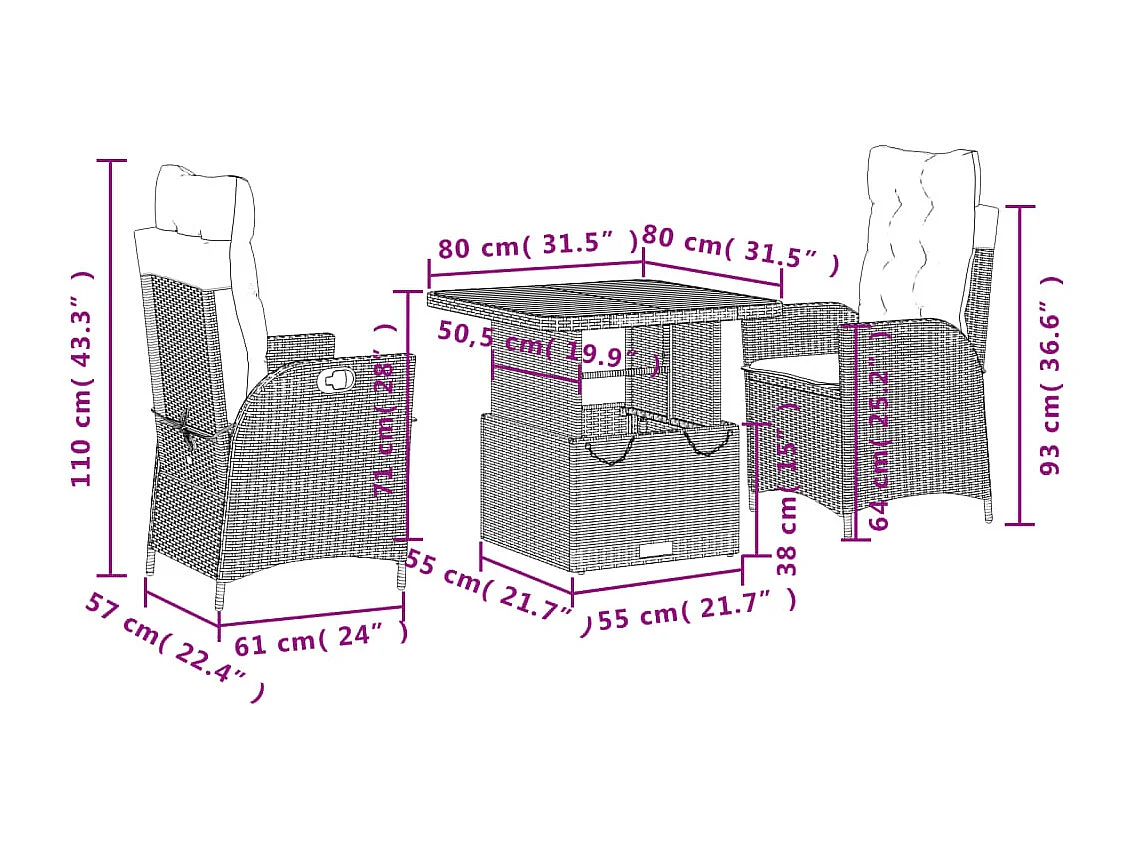 Ensemble à manger de jardin 3 pcs coussins gris résine tressée