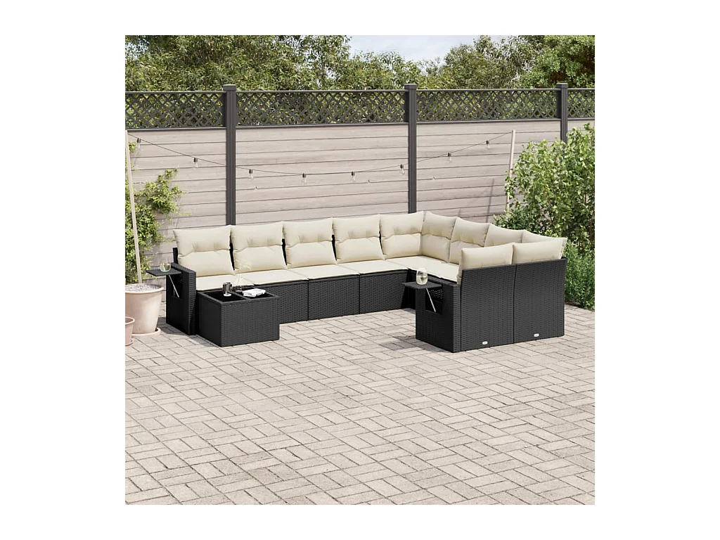 10-delige Loungeset met kussens poly rattan zwart