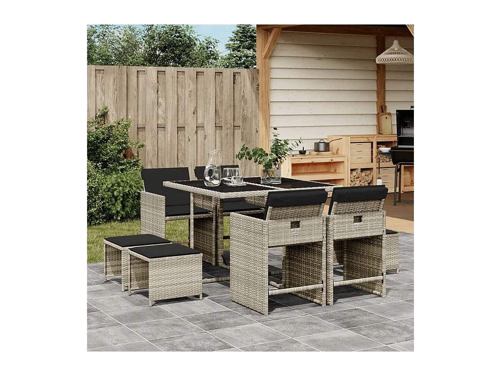 9-tlg. Garten-Essgruppe mit Kissen Hellgrau Poly Rattan
