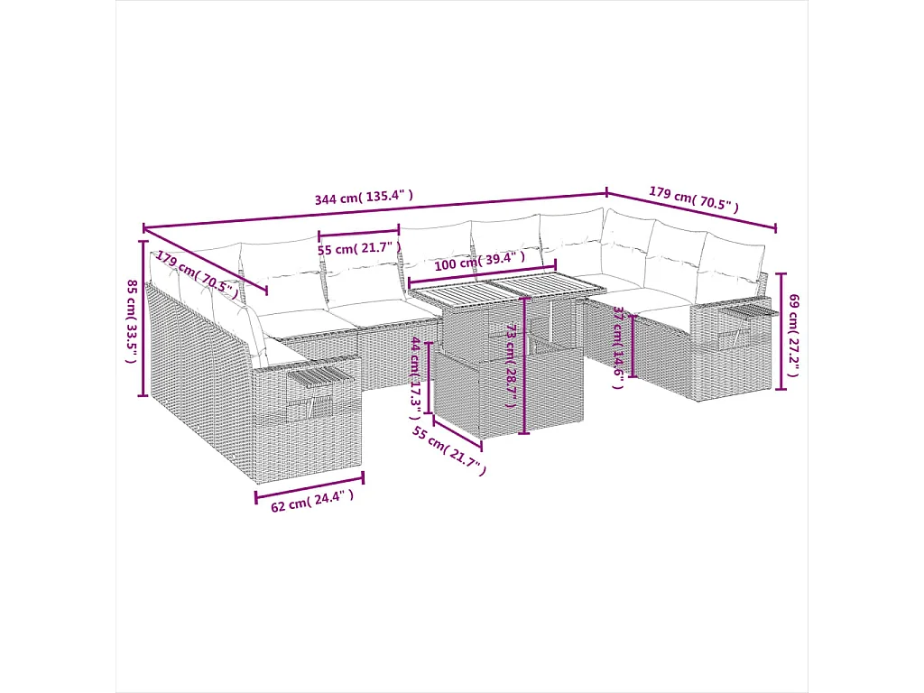 Set Divani da Giardino 11 pz con Cuscini in Polyrattan Nero