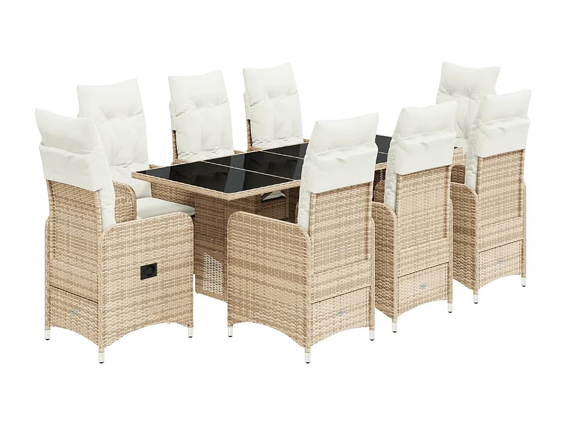 9 pcs conjunto de bistrô para jardim c/ almofadões vime PE bege