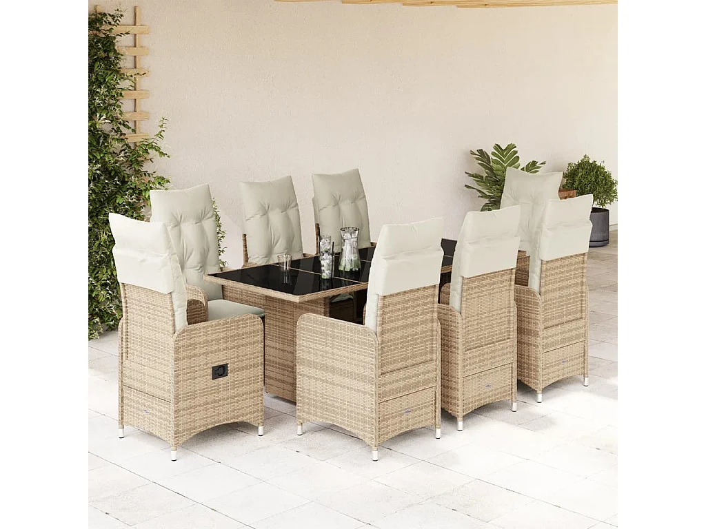 Ensemble de bistro de jardin 9 pcs coussins beige poly rotin