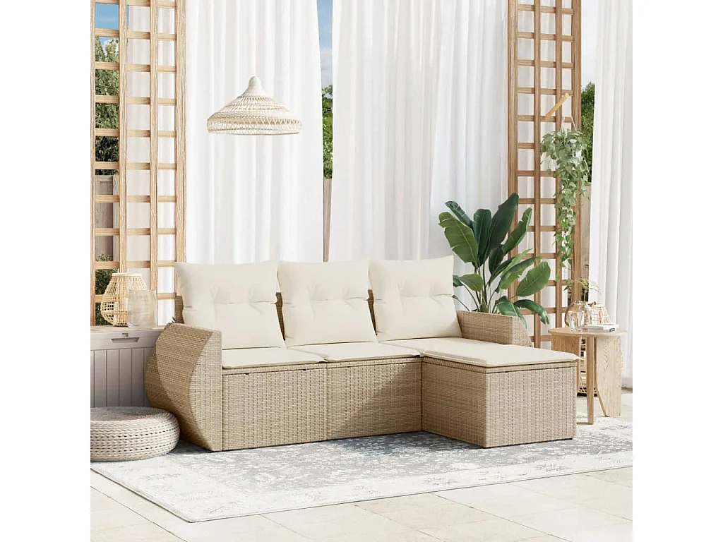 Salon de jardin avec coussins 4 pcs beige résine tressée
