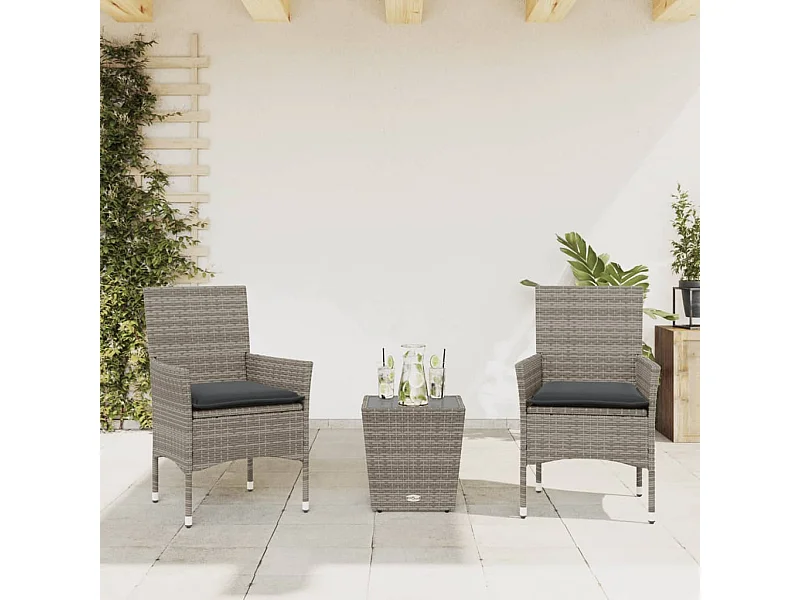 Ensemble de bistro avec coussins 3 pcs gris rotin et verre