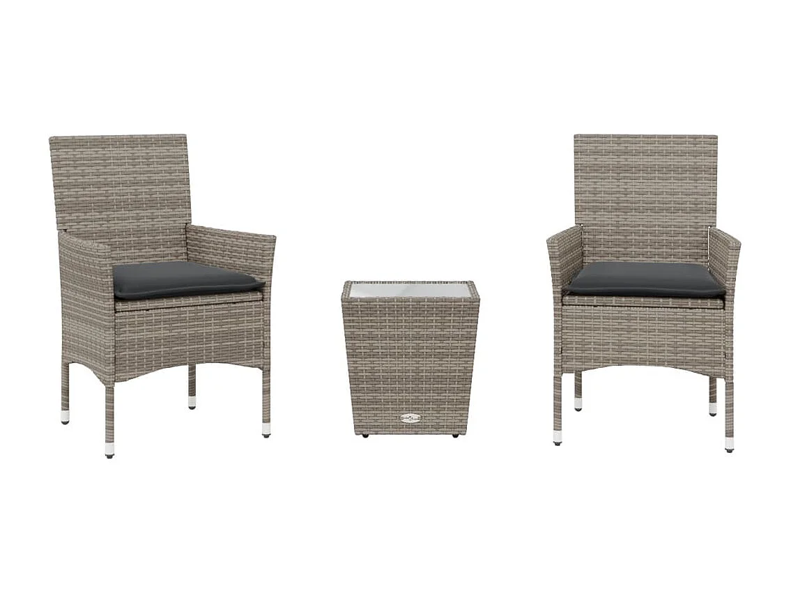 3 pcs conjunto de bistrô com almofadões vime PE/vidro cinza