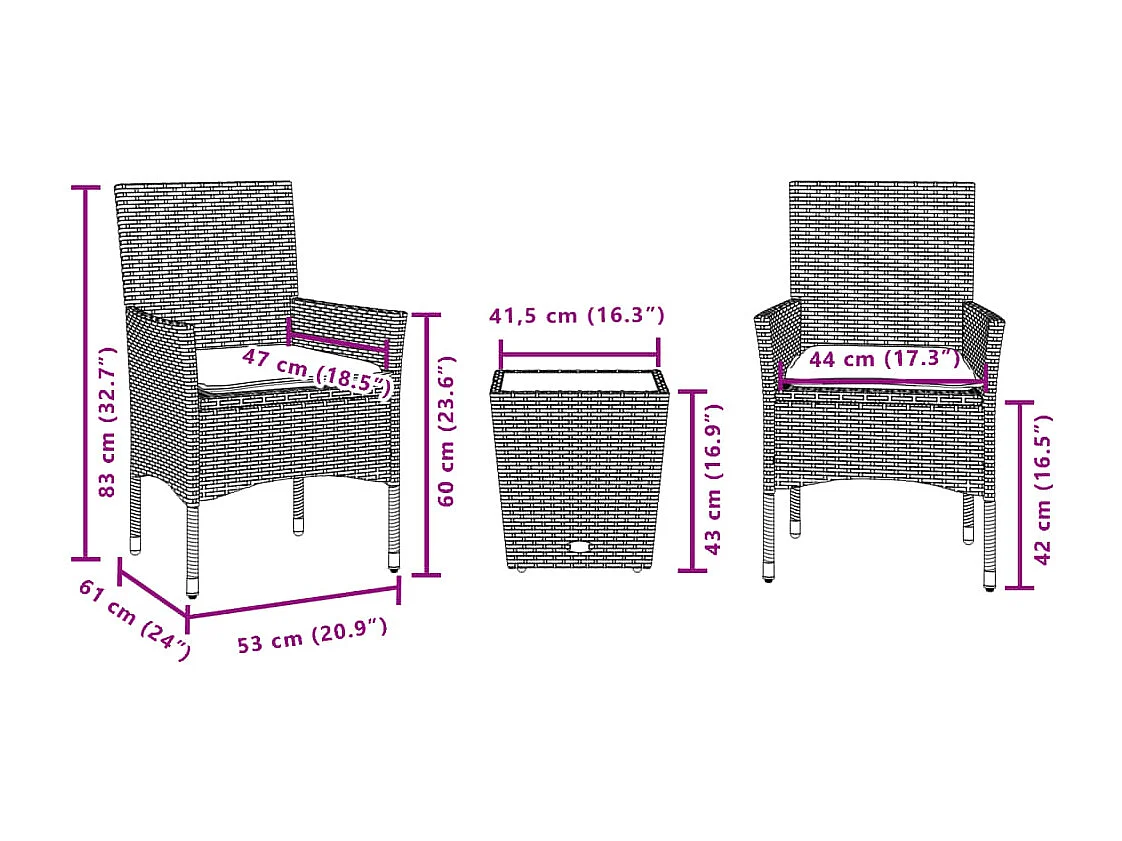 3 pcs conjunto de bistrô com almofadões vime PE/vidro cinza