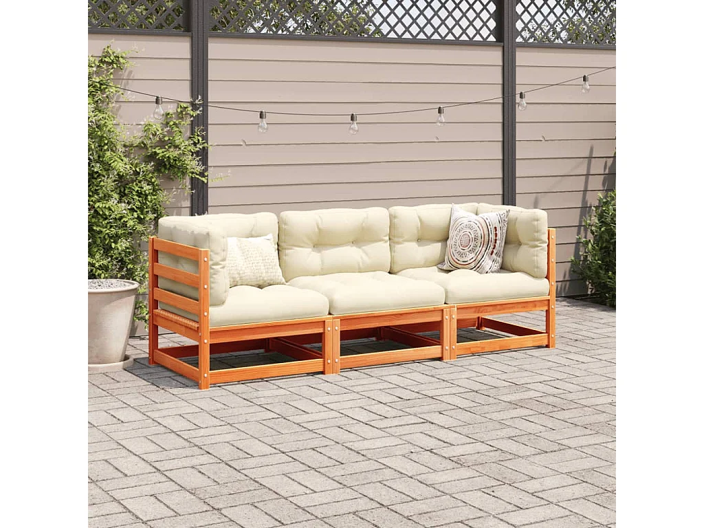 Set Divani Giardino 3 pz con Cuscini Marrone Cera Massello Pino