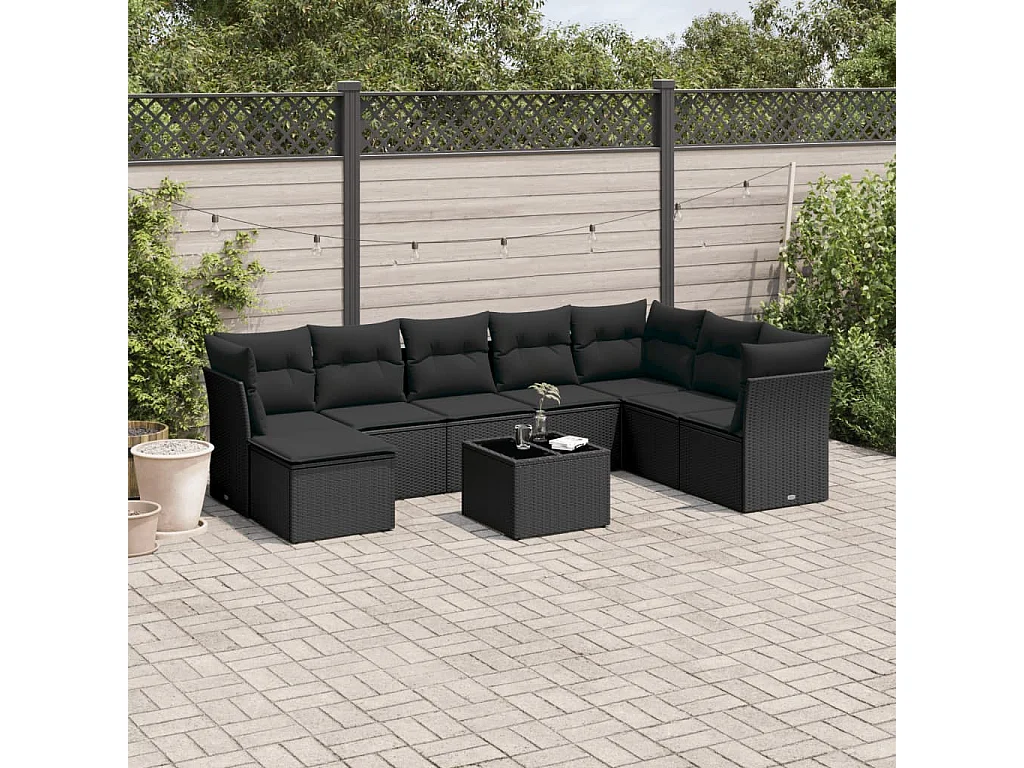 Set Divani da Giardino 9 pz con Cuscini Nero in Polyrattan