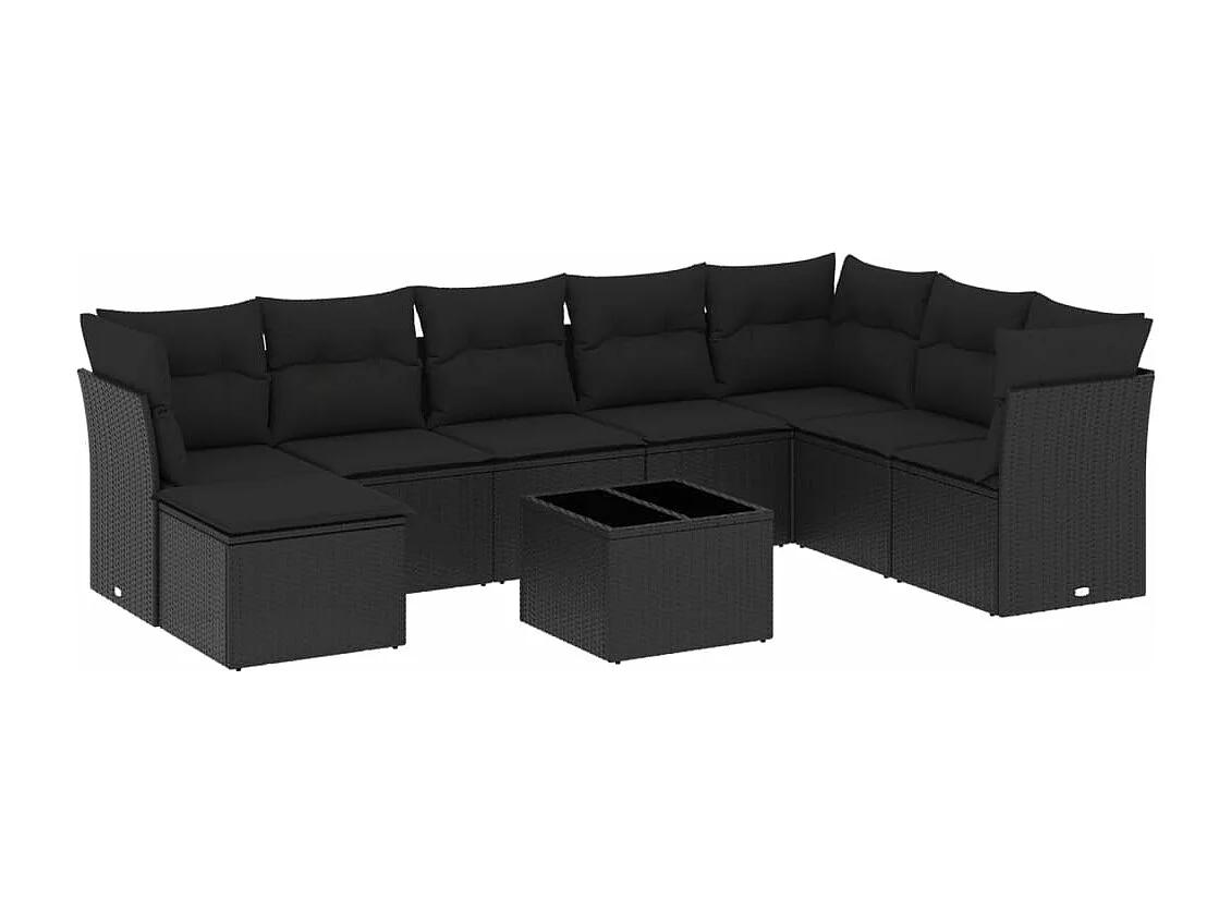 Set Divani da Giardino 9 pz con Cuscini Nero in Polyrattan