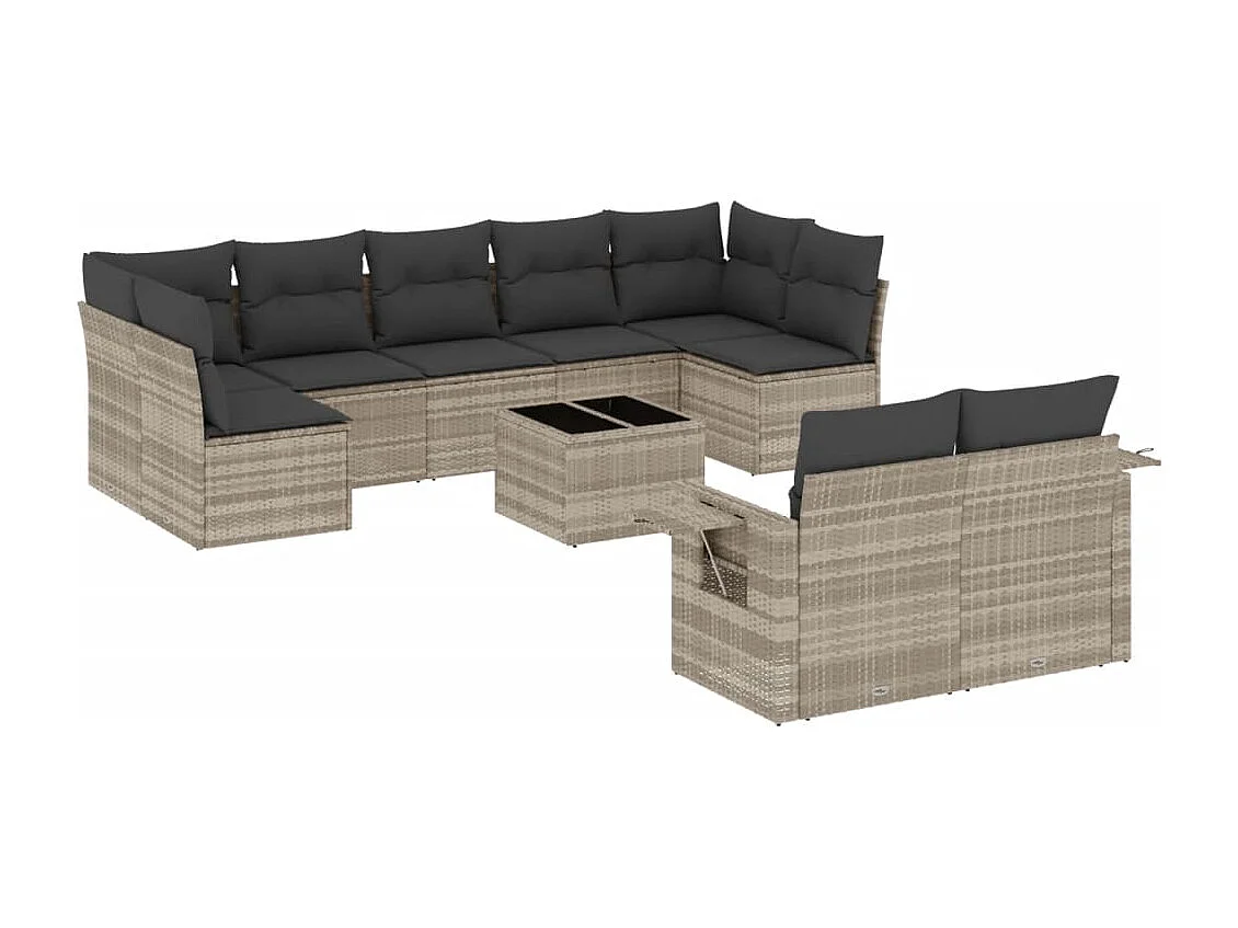 10-delige Loungeset met kussens poly rattan lichtgrijs