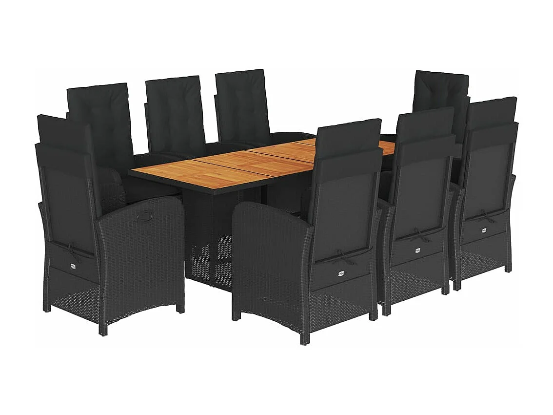 Set de comedor de jardín 9 pzas y cojines ratán sintético negro