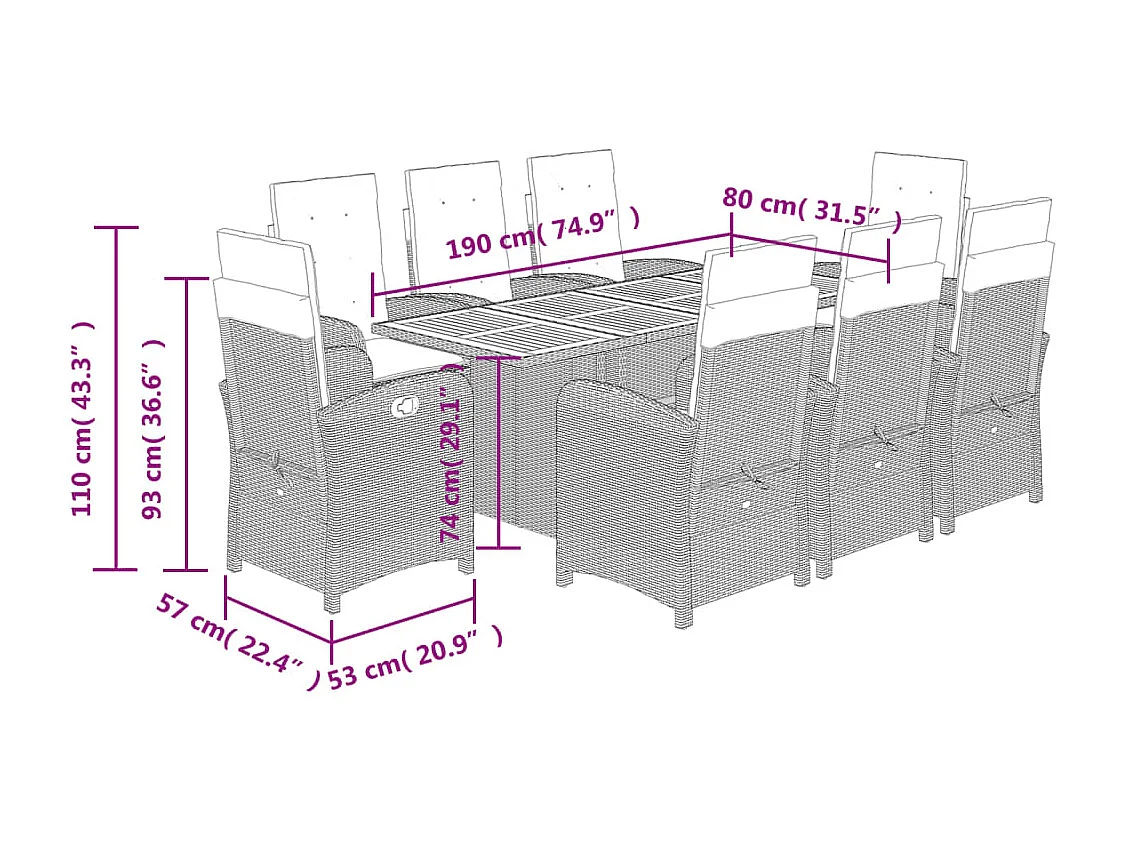 Set de comedor de jardín 9 pzas y cojines ratán sintético negro