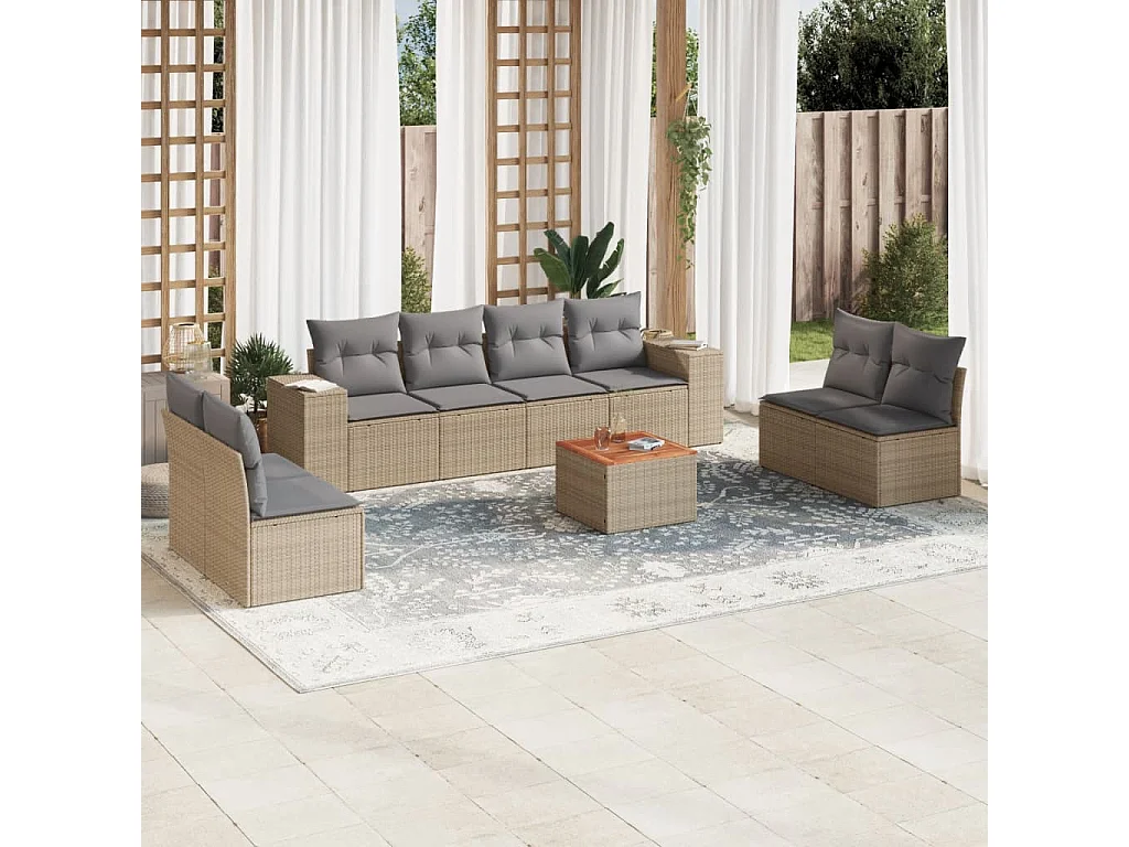 9-delige Loungeset met kussens poly rattan beige