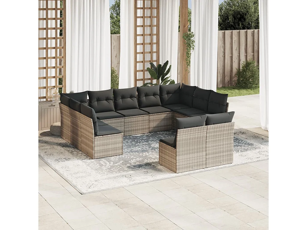 11-tlg. Garten-Sofagarnitur mit Kissen Hellgrau Poly Rattan