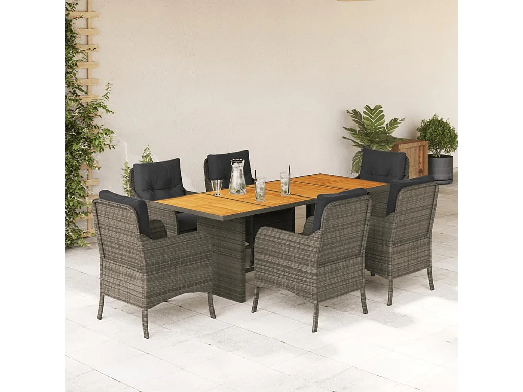 7-tlg. Garten-Essgruppe mit Kissen Grau Poly Rattan