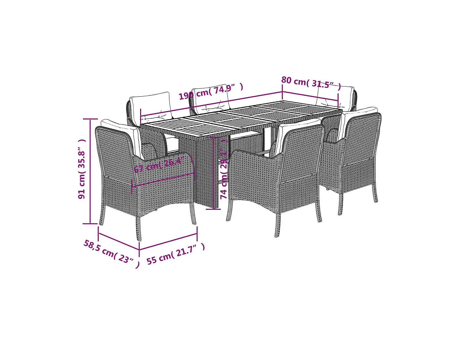7-tlg. Garten-Essgruppe mit Kissen Grau Poly Rattan