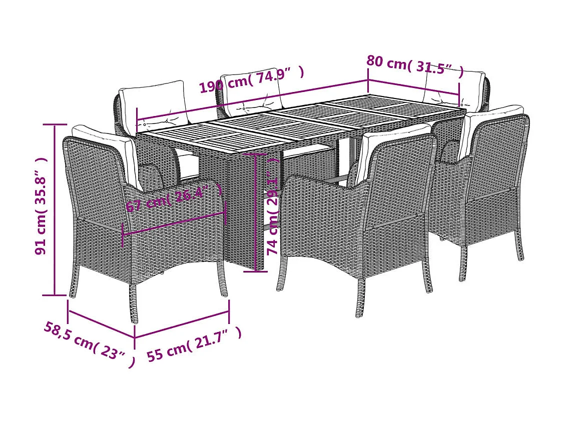 7-tlg. Garten-Essgruppe mit Kissen Grau Poly Rattan