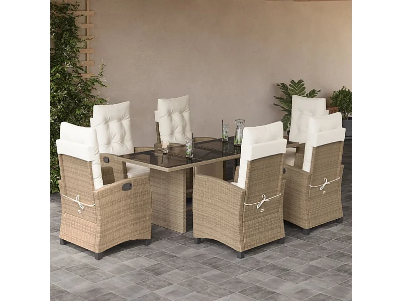 Ensemble à manger de jardin et coussins 7 pcs beige poly rotin