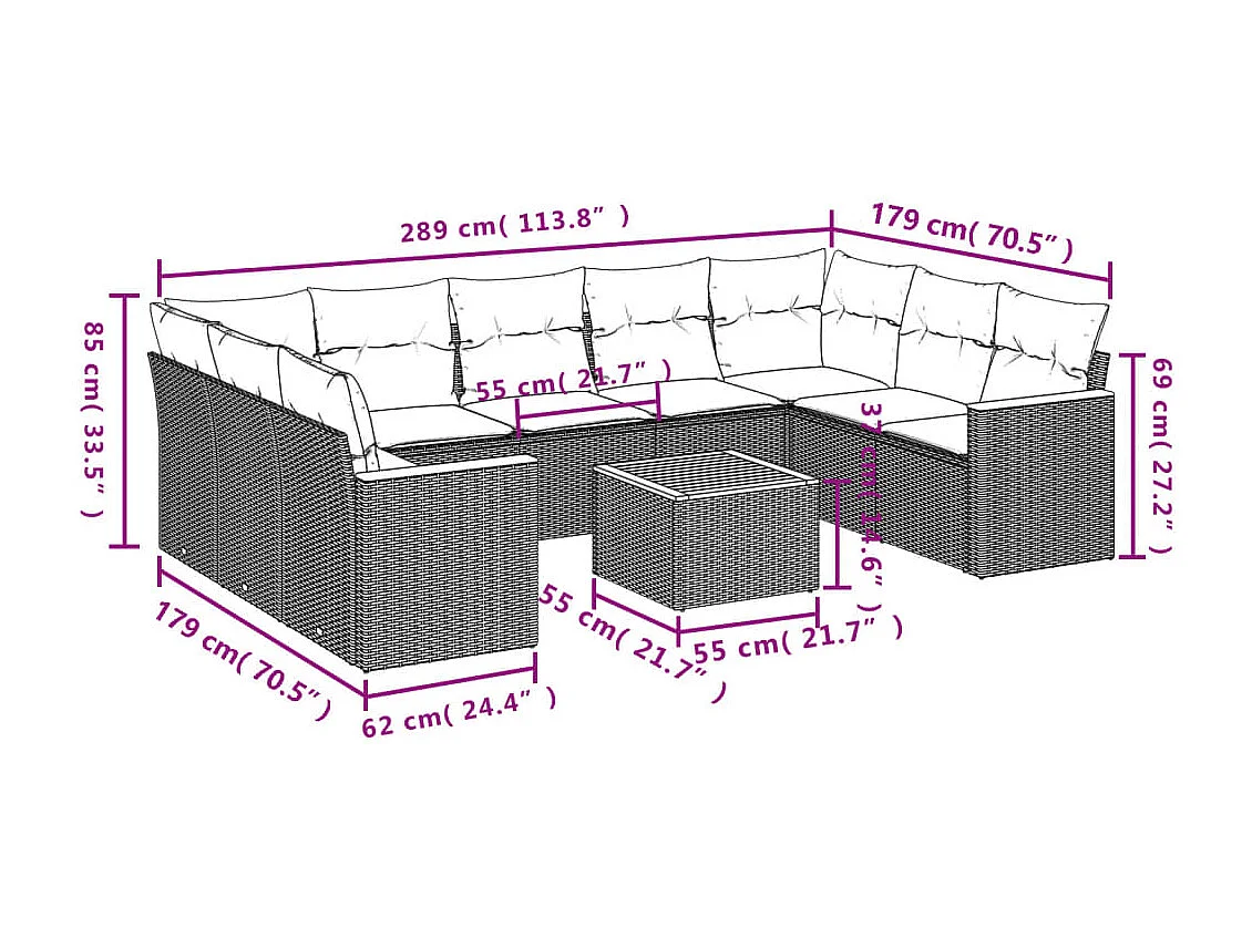 Set Divani da Giardino 10pz con Cuscini in Polyrattan Nero