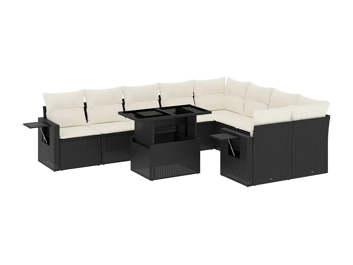 10-delige Loungeset met kussens poly rattan zwart