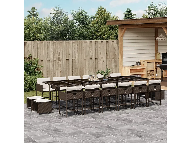 Set da Pranzo da Giardino 17 pz con Cuscini Marrone Polyrattan