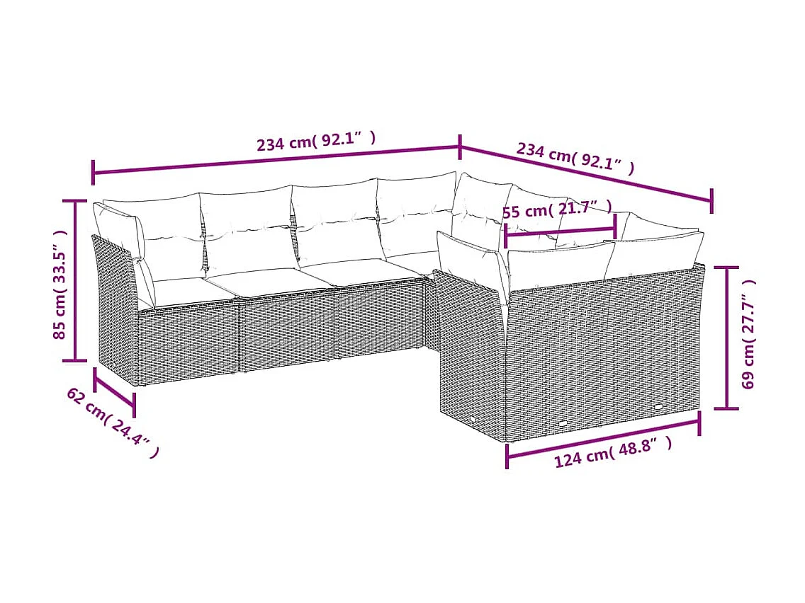 Salon de jardin 8 pcs avec coussins marron résine tressée
