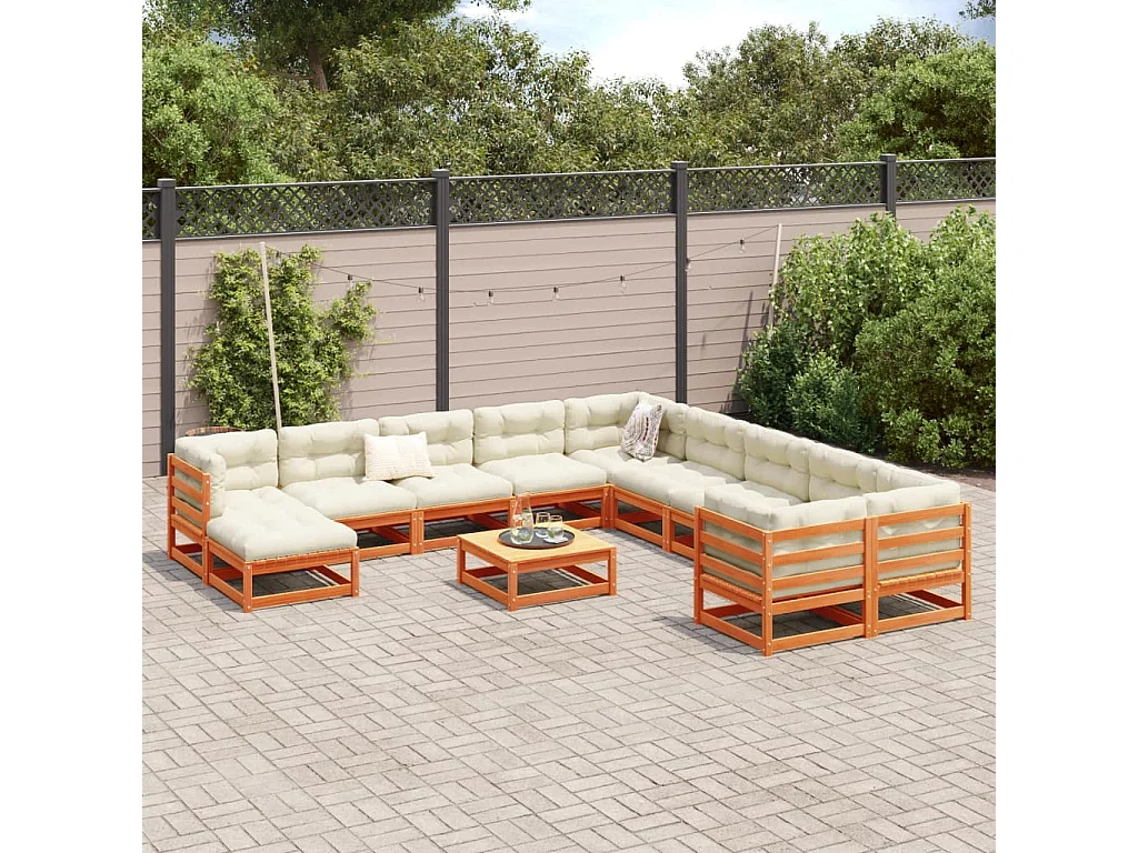 Salon de jardin 12pcs avec coussins cire marron bois pin massif