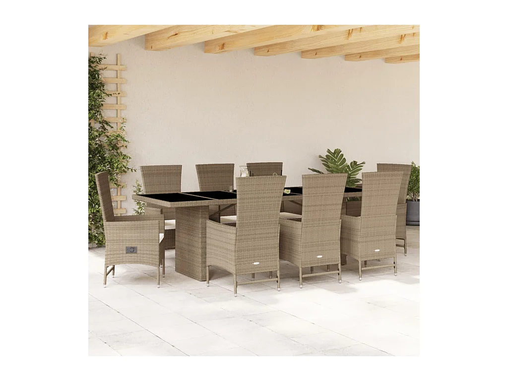 Ensemble à manger de jardin et coussins 9 pcs beige Poly rotin