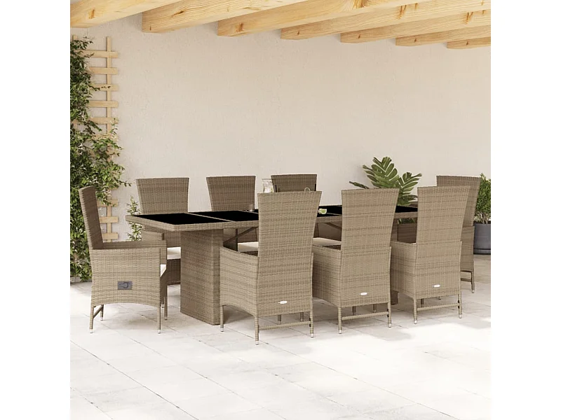 Set da Pranzo da Giardino 9 pz con Cuscini Beige in Polyrattan