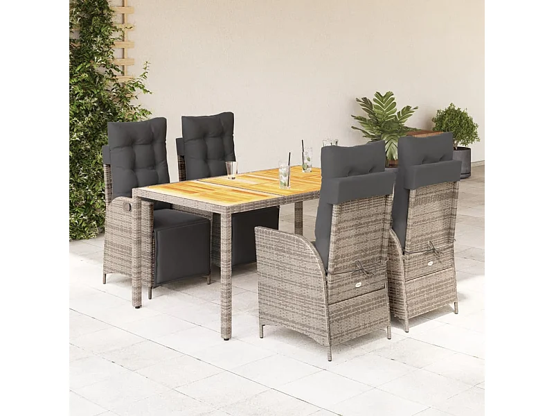 5-tlg. Garten-Essgruppe mit Kissen Grau Poly Rattan
