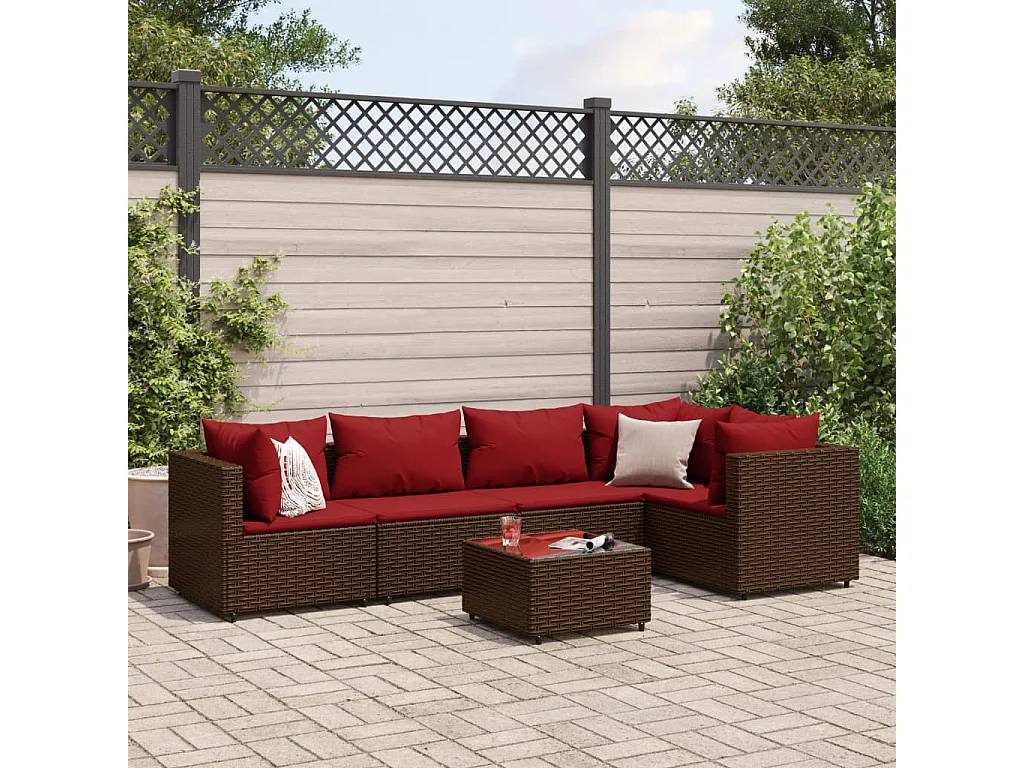 Salon de jardin 6 pcs avec coussins Marron Résine tressée