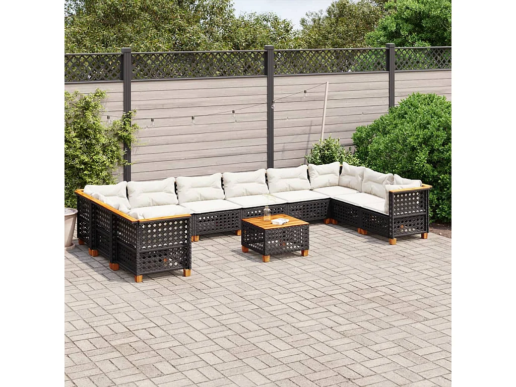 Set de sofás de jardín 11 pzas y cojines ratán sintético negro