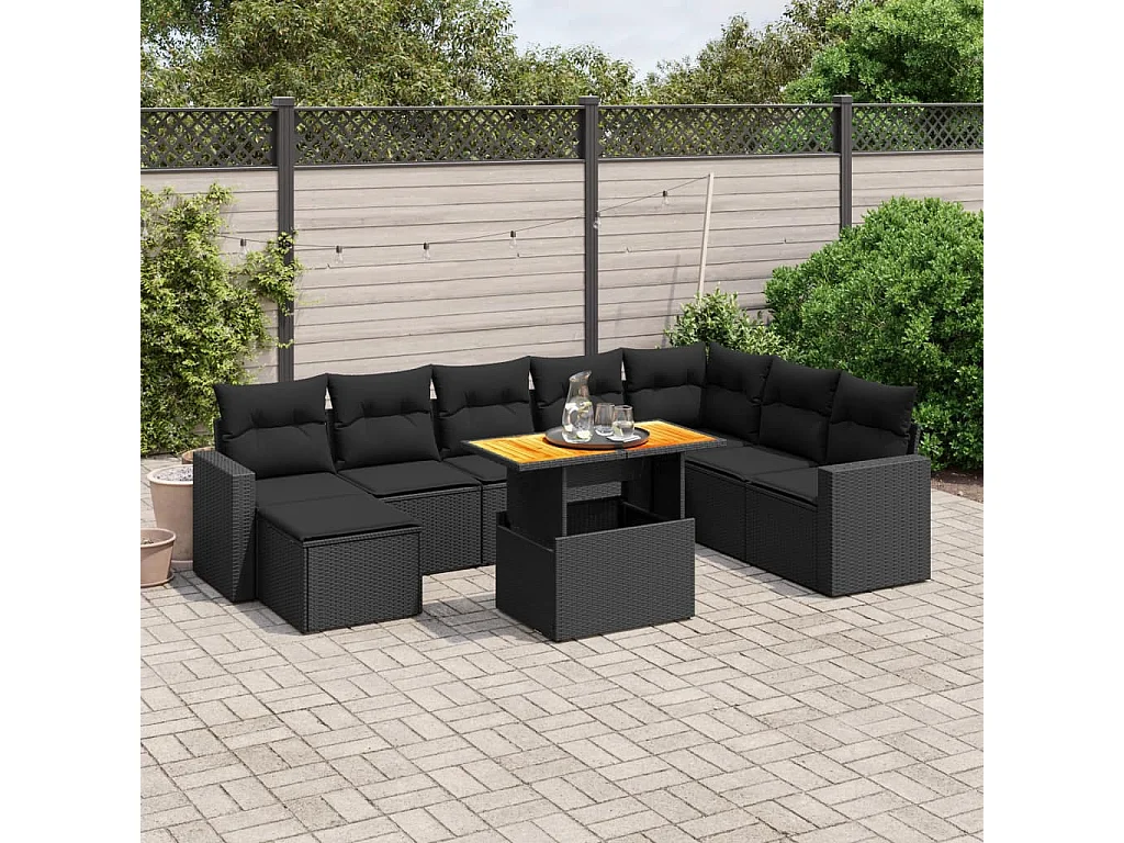 Salon de jardin 9 pcs avec coussins noir résine tressée