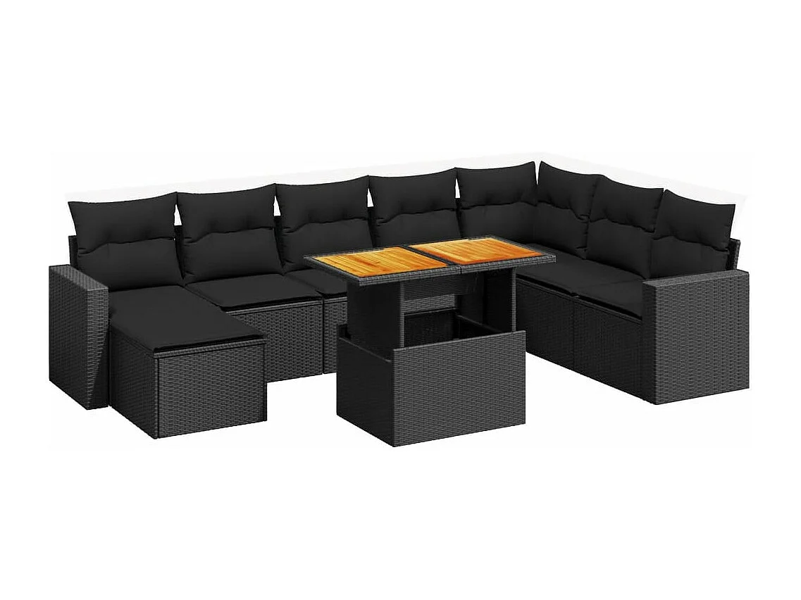 Salon de jardin 9 pcs avec coussins noir résine tressée