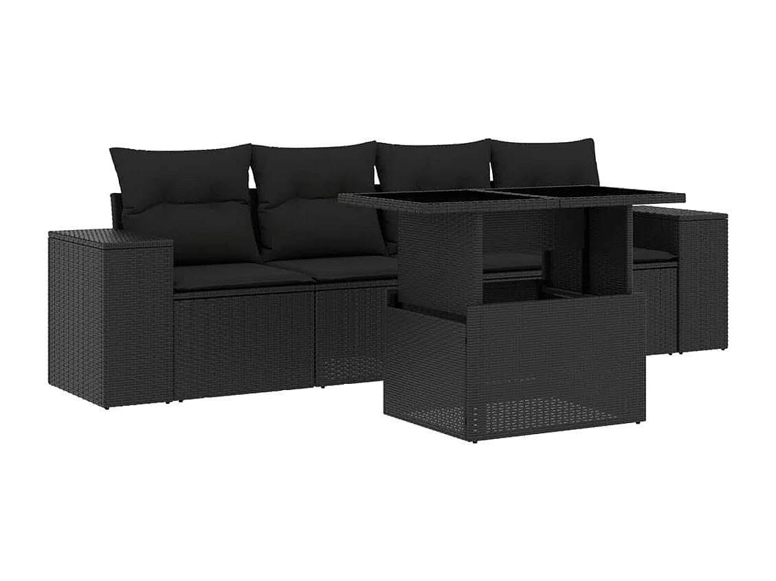 Salon de jardin 5 pcs avec coussins noir résine tressée