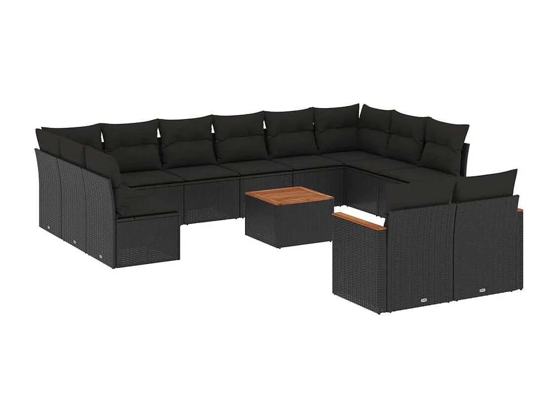 Set Divani da Giardino 13pz con Cuscini Nero in Polyrattan