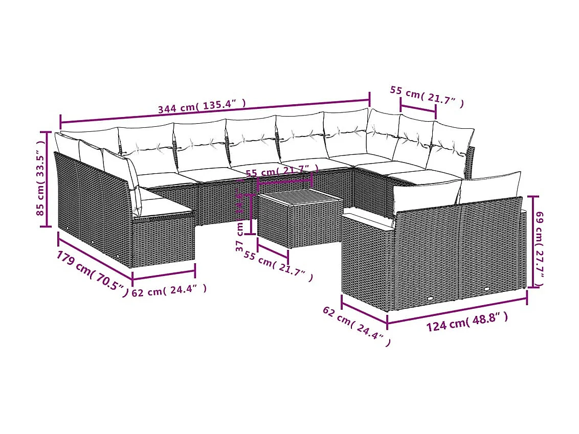Set Divani da Giardino 13pz con Cuscini Nero in Polyrattan
