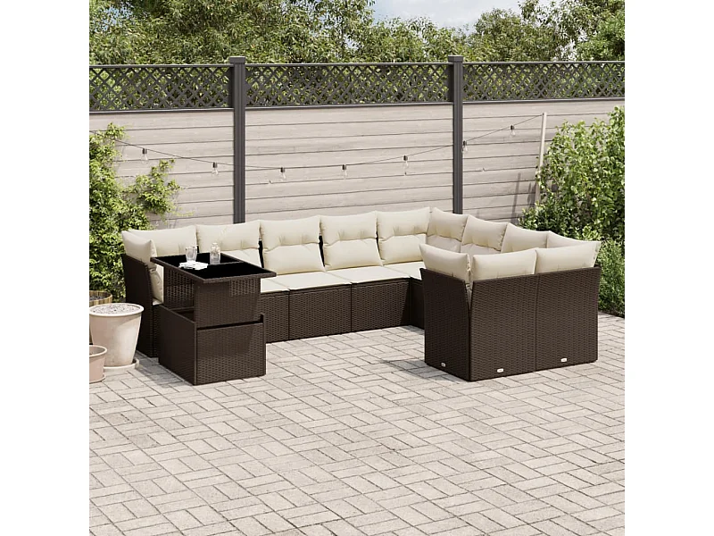 10-tlg. Garten-Sofagarnitur mit Kissen Braun Poly Rattan