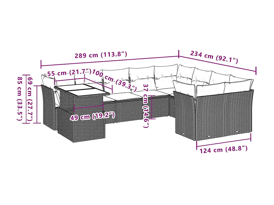 Salon de jardin 10 pcs avec coussins marron résine tressée
