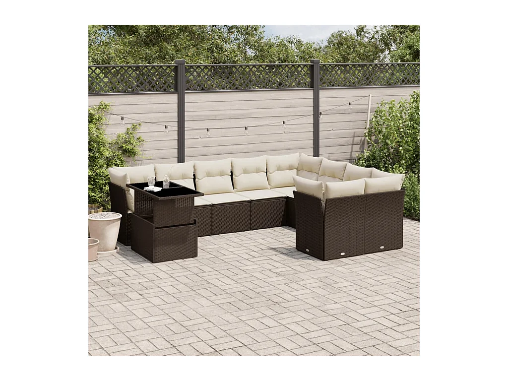 Salon de jardin 10 pcs avec coussins marron résine tressée