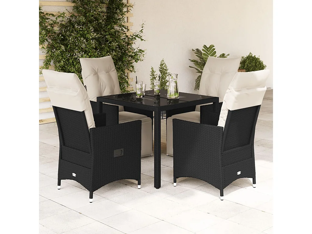 Set da Pranzo da Giardino 5 pz Nero con Cuscini in Polyrattan