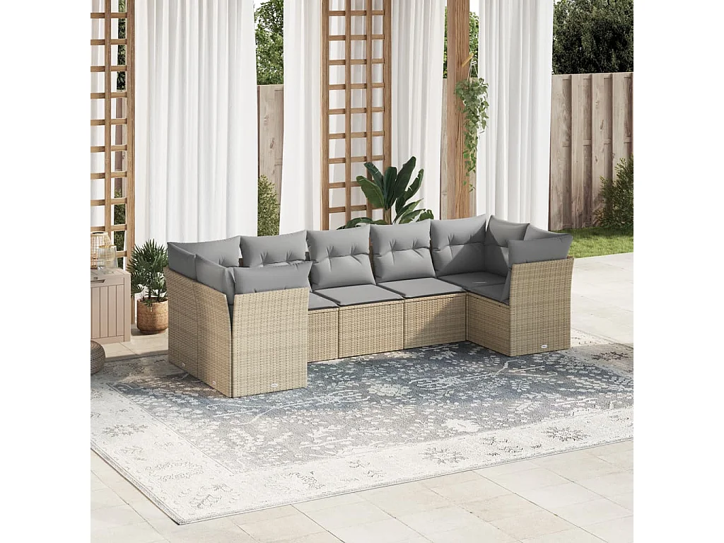 Set Divani da Giardino 7 pz con Cuscini Beige in Polyrattan