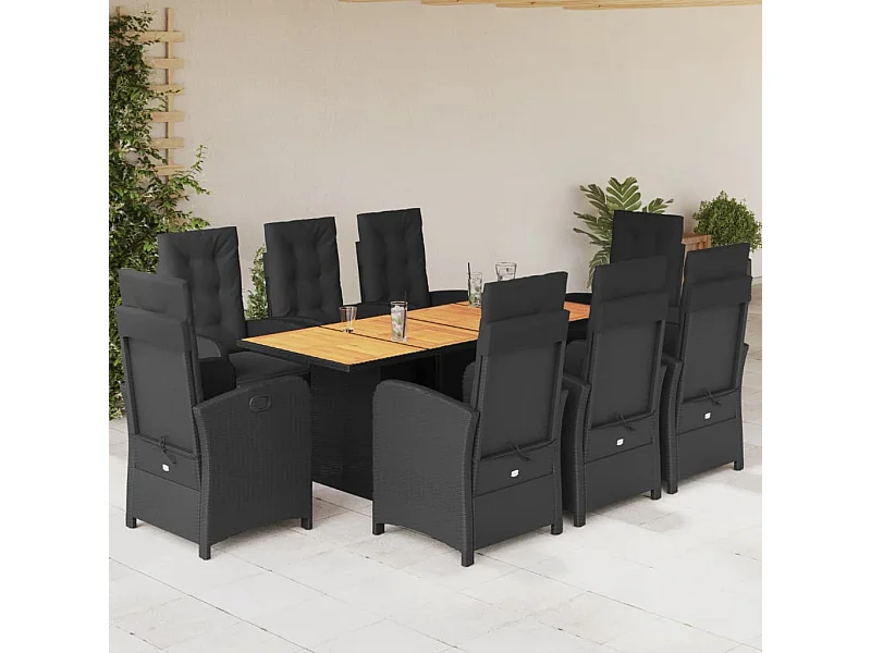 Set da Pranzo da Giardino 9 pz con Cuscini Nero in Polyrattan