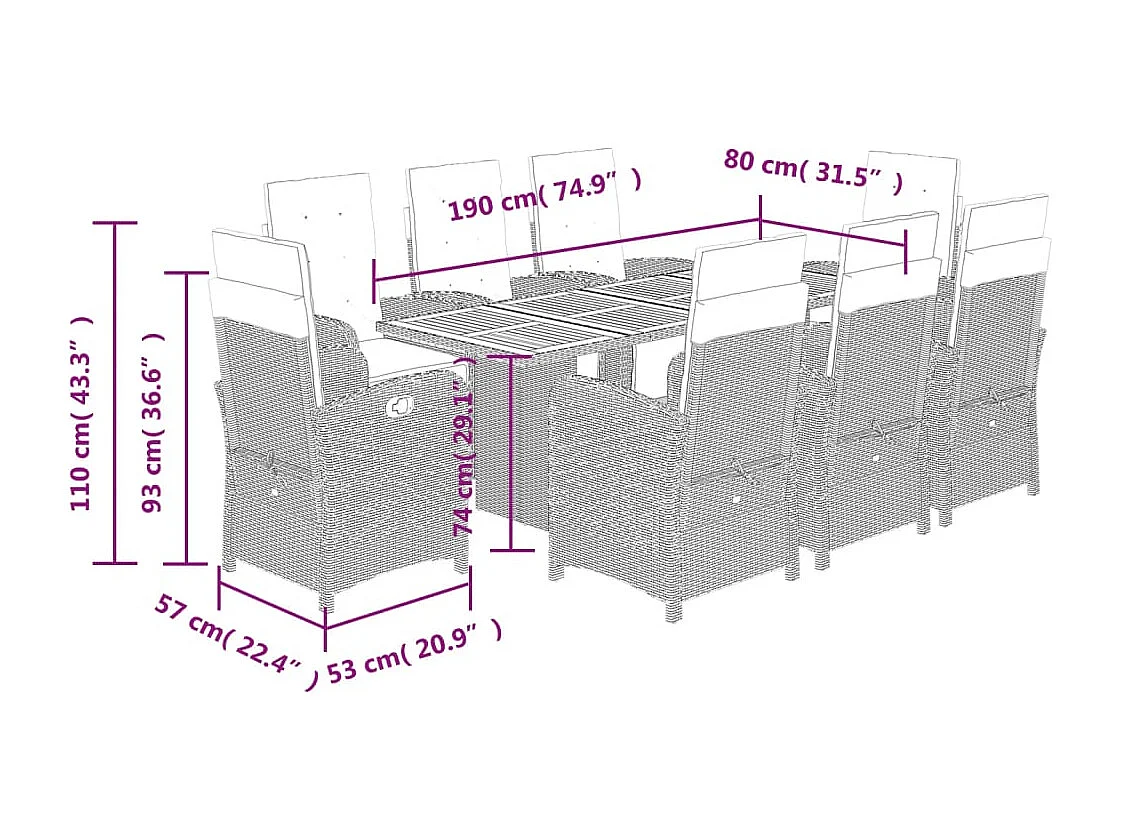 Set da Pranzo da Giardino 9 pz con Cuscini Nero in Polyrattan