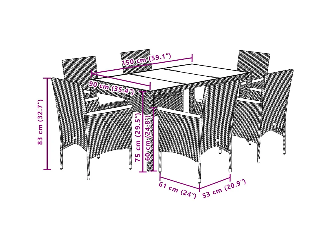 Ensemble à manger de jardin et coussins 7 pcs noir rotin acacia