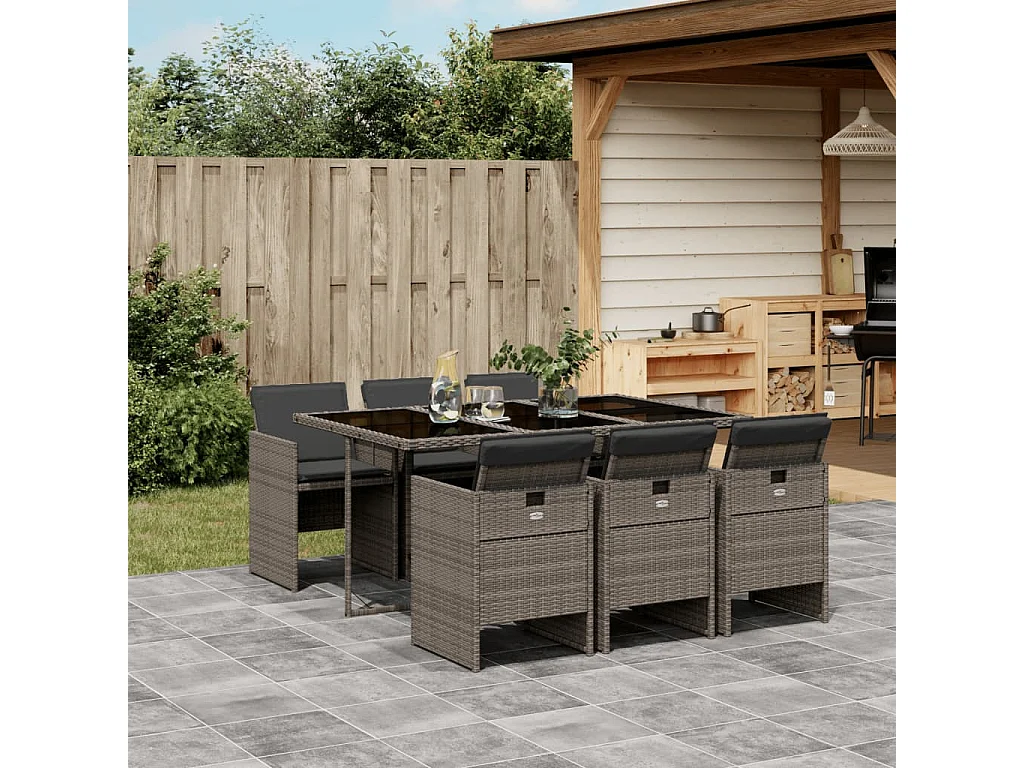 Set comedor jardín 7 pzas y cojines ratán sintético gris
