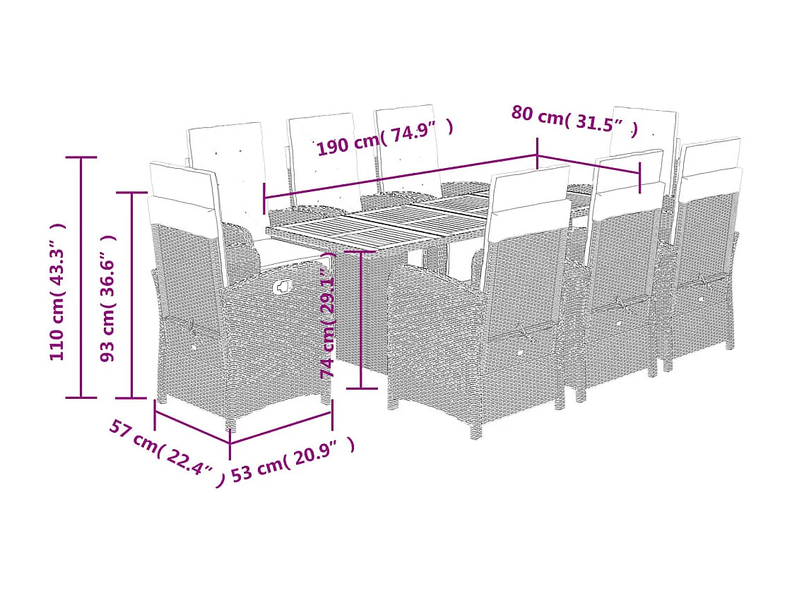 Ensemble à manger de jardin et coussins 9 pcs beige Poly rotin