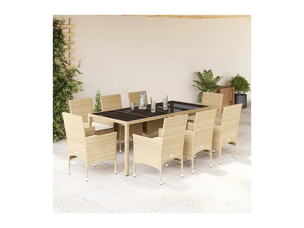 Ensemble à manger de jardin et coussins 9 pcs beige rotin verre
