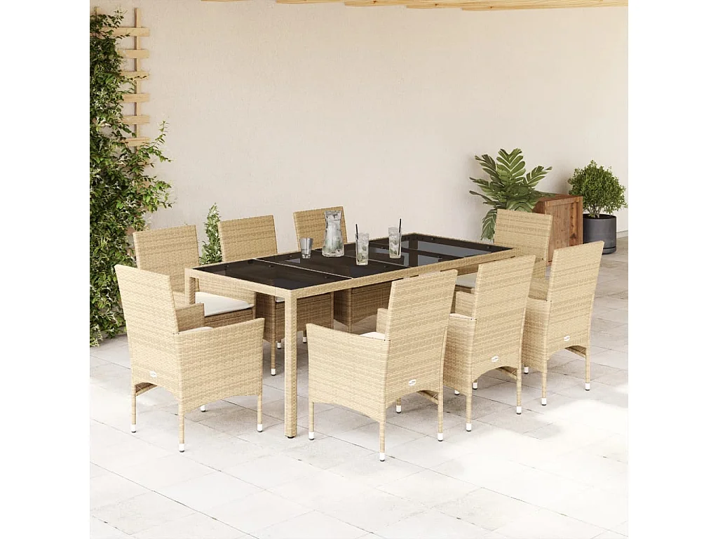 9-delige Tuinset met kussens poly rattan en glas beige